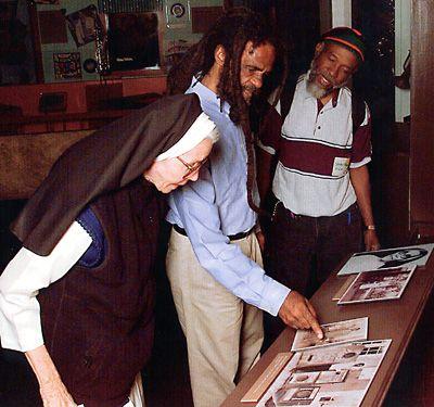 From left to right: Sister Ignatius with Alpha Boys School graduates Johnny 'Dizzy' Moore and Cedric 'Im' Brooks, both of The Skatalites. 