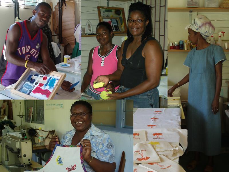 Clockwise Kirk, silkscreener, Lisa and Pauline, printers, Soissette, texiles expert and marketing representative and Maxine, seamstress.  