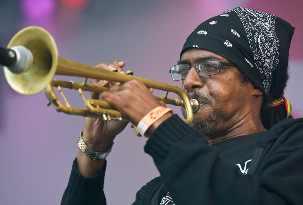 Trumpeter Kevin Batchelor of the Jamaican ska band The Skatalites playing at Parkpop, the largest free pop festival in Europe.