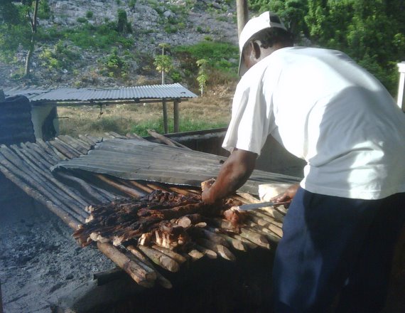 Preparing the meat at Boston Jerk Centre