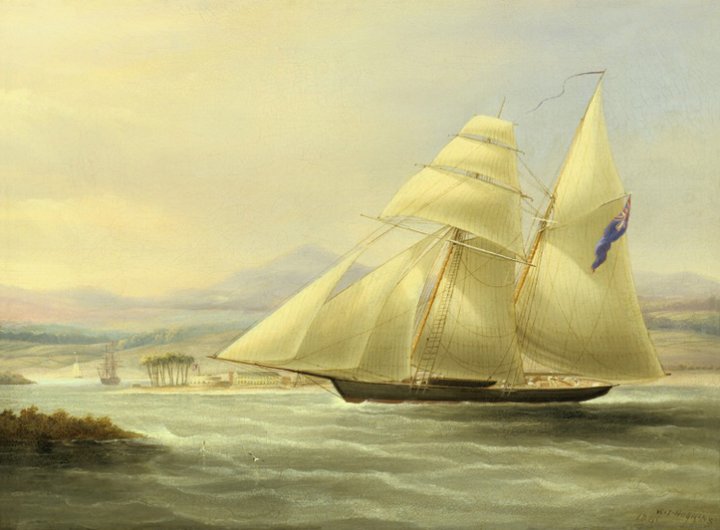 H.M.S. Pickle off Port Royal, Jamaica. Fort Charles and the Old Naval Hospital at Port Royal can clearly be seen in the background to the left. From an Oil Painting by William John Huggins, 1841. Private Collection.